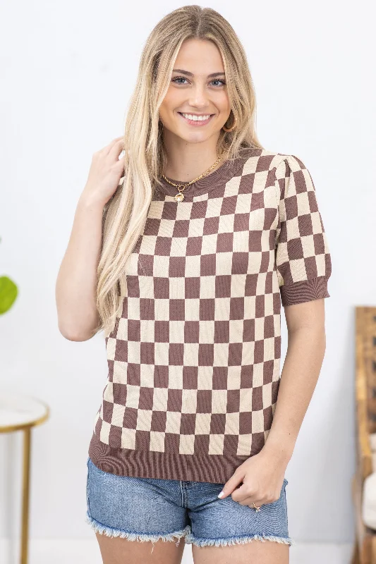 Women's Lapel Collar SweatersMocha and Tan Checkerboard Lightweight Sweater