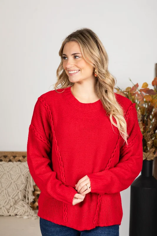 Women's Shawl Collar SweatersRed Chunky Braid Casual Knit Sweater