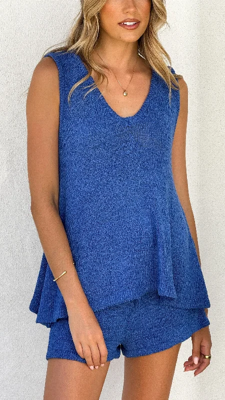 Women's Scoop Neck SweatersSummer Knit Top and Shorts Set - Blue