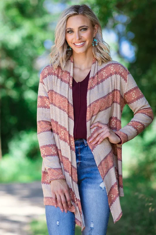 Women's V-Shaped Collar SweatersOrange and Beige Aztec Stripe Cardigan