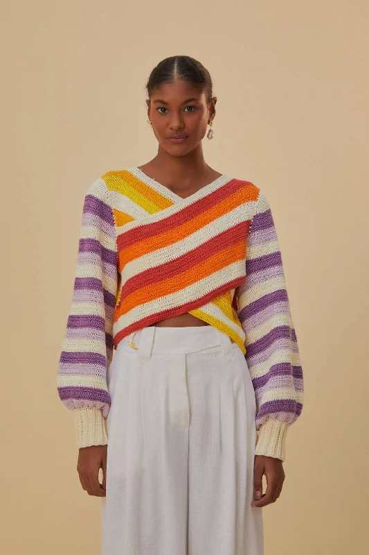 Women's Sweetheart Neck SweatersSunset Stripes Crochet Sweater