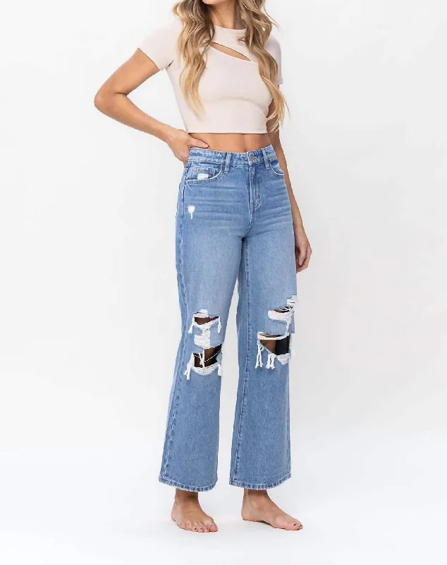 Women's Cargo ShortsHigh Rise Distressed Wide Leg Jeans In Blue Denim