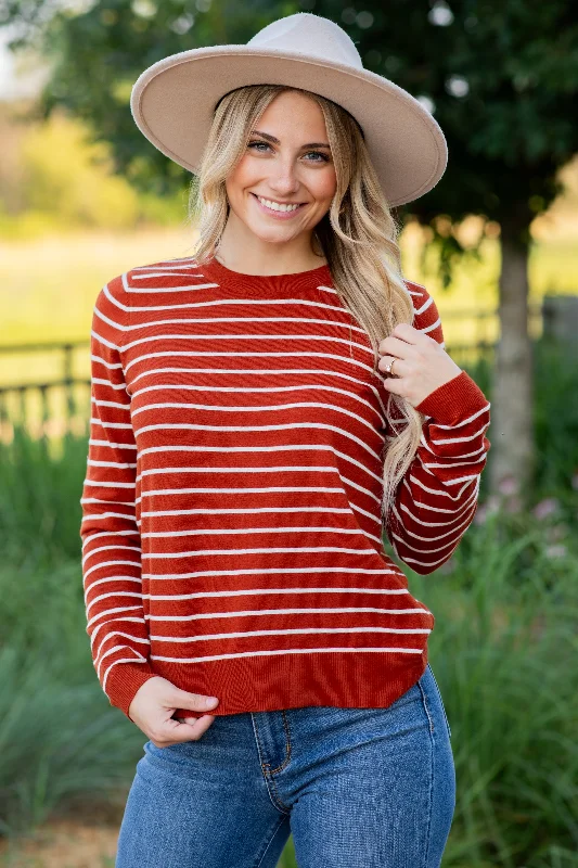 Women's Shawl Collar SweatersCognac Striped Long Sleeve Sweater