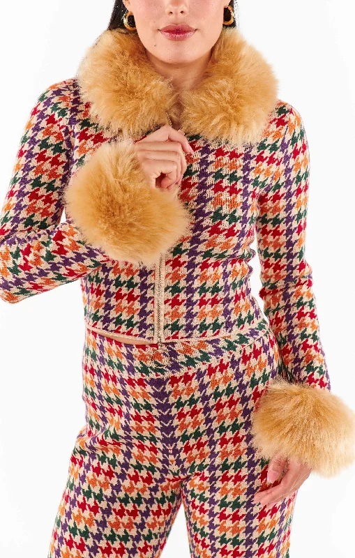 Women's Estonian Wool SweatersZermatt Zip Up ~ Valley Houndstooth Faux Fur