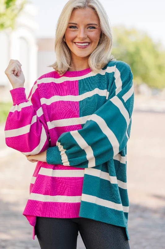 Women's Fisherman's SweatersLive It Up Fuchsia/Teal Striped Sweater