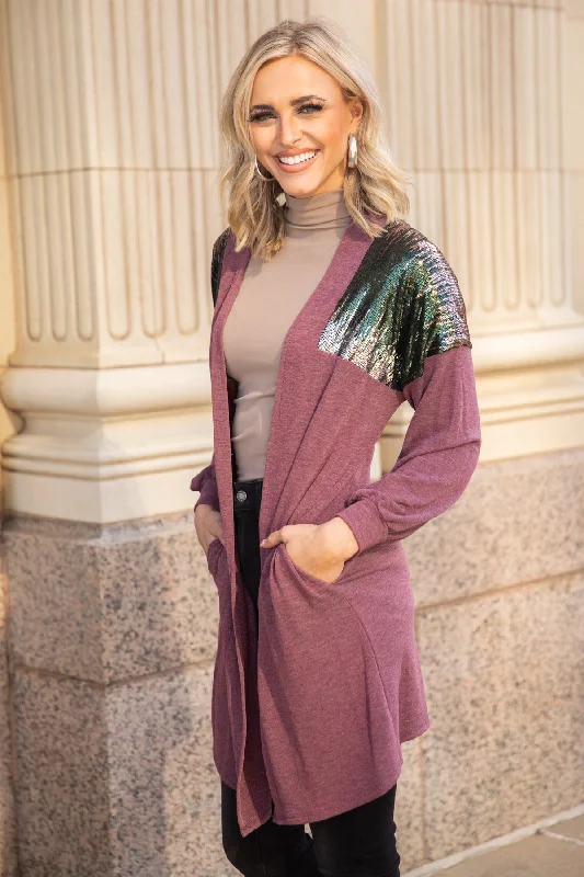 Women's V-Shaped Collar SweatersMauve Cardigan With Sequin Shoulders