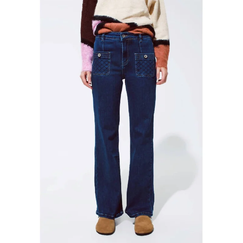 Women's Jodhpurs with Keyhole CollarFront Pocket Denim Jeans In Dark Blue