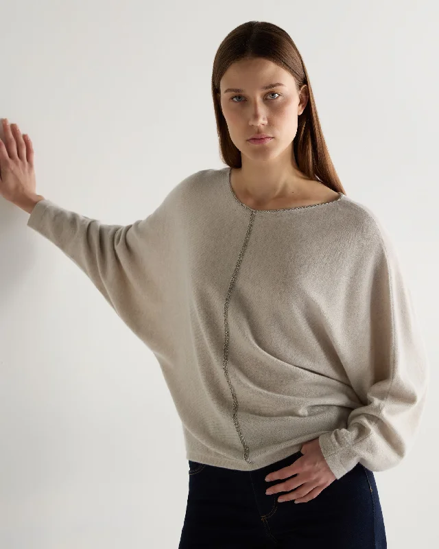 Women's Patterned SweatersWomen's Metal Trim Batwing Cashmere Jumper Pebble Grey