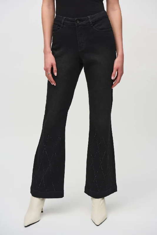 Women's Jodhpurs with Ankle LengthClassic Flared Denim Pants With Rhinestone Detail In Black