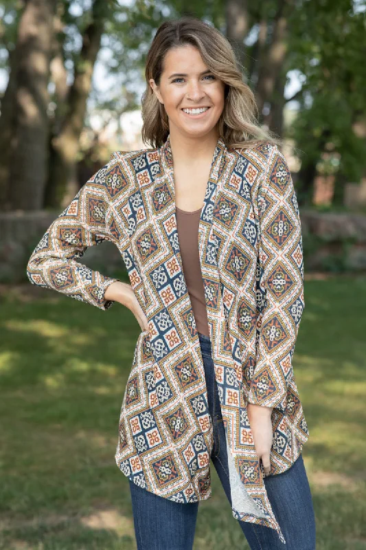 Women's Notched Collar SweatersCamel and Teal Multicolor Aztec Cardigan