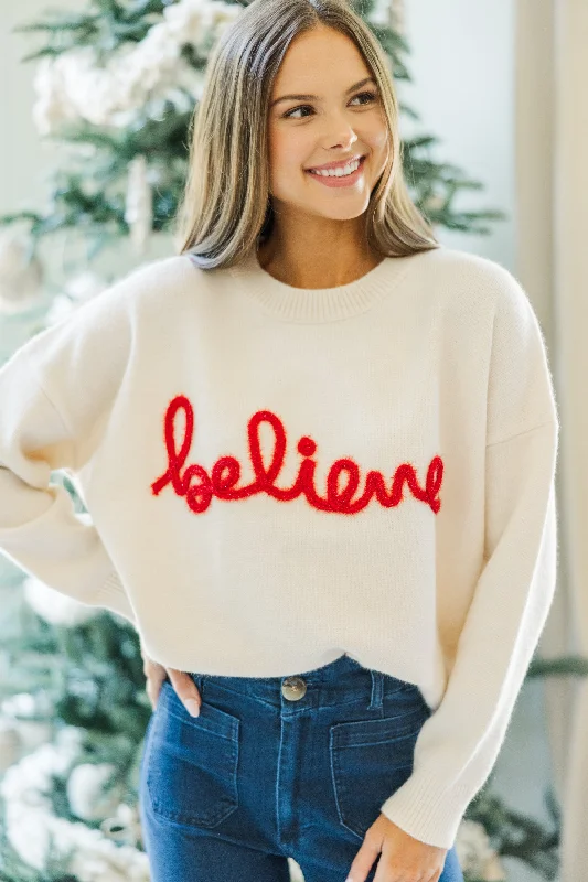 Women's Turkish Wool SweatersBelieve Cream Script Sweater