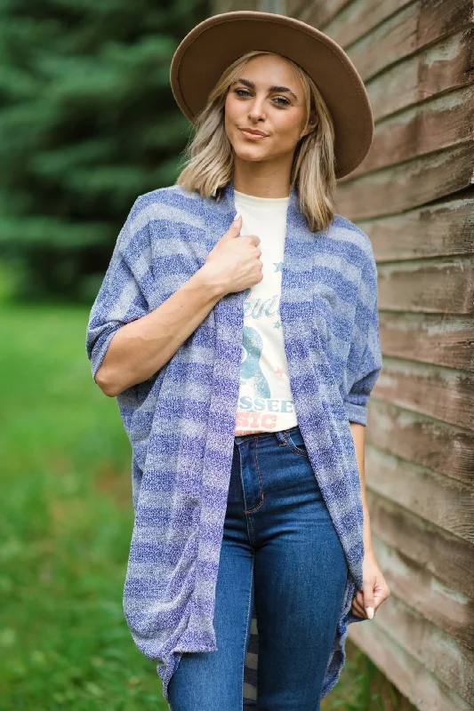 Women's Square Collar SweatersDusty Blue Heathered Stripe Cardigan