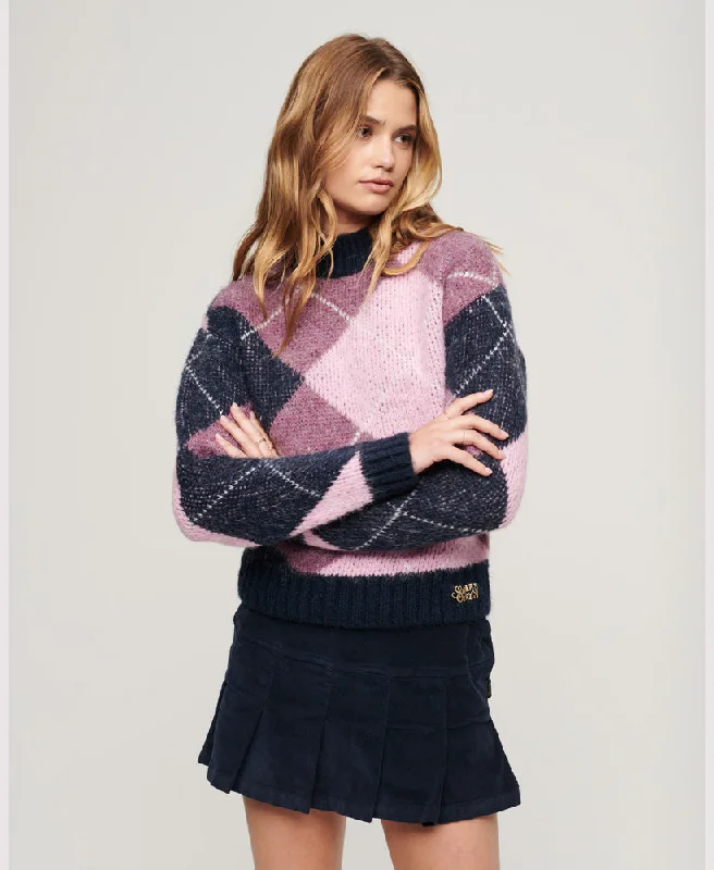 Women's V-Shaped Collar SweatersBoxy Pattern Knit Jumper | Navy Argyle