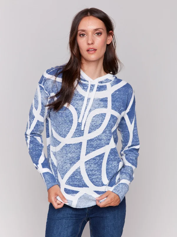 Women's Polish Wool SweatersReverse Print Hoodie Sweater - Denim