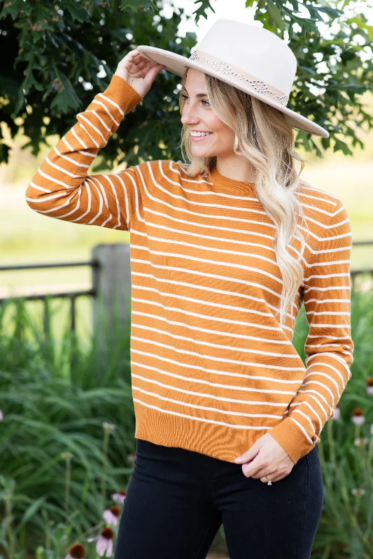 Women's Square Collar SweatersMustard Striped Long Sleeve Sweater