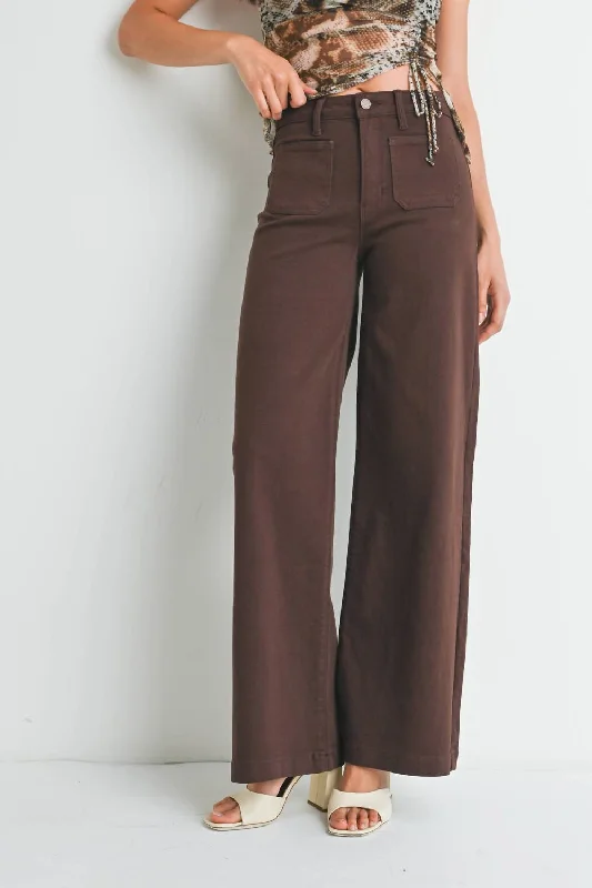 Women's Jodhpurs with ElasticHigh Rise Mini Patch Pocket Wide Leg Jean In Brown