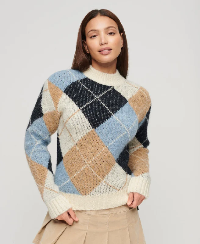 Women's Keyhole Collar SweatersBoxy Pattern Knit Jumper | Cream Argyle