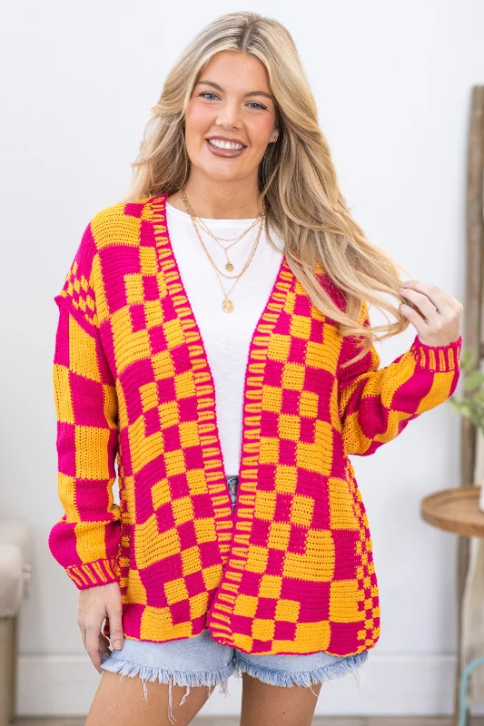 Women's Icelandic Wool SweatersPink and Orange Checkerboard Knitted Cardigan