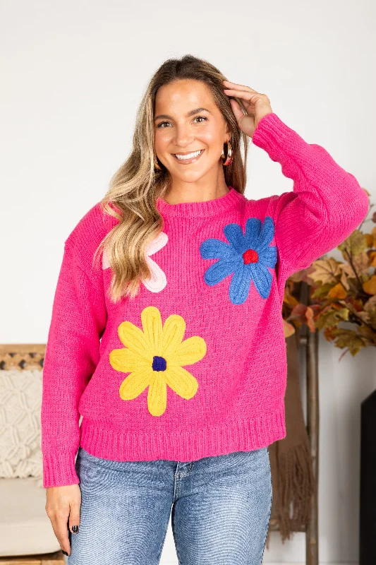 Women's U-Shaped Collar SweatersHot Pink Big Flower Patch Sweater