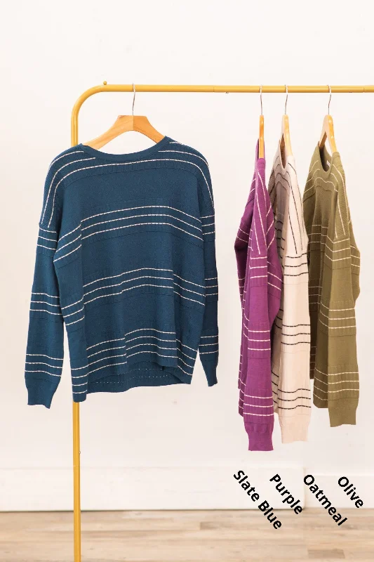 Women's Notched Collar SweatersStitch Stripe Sweater Knit Top