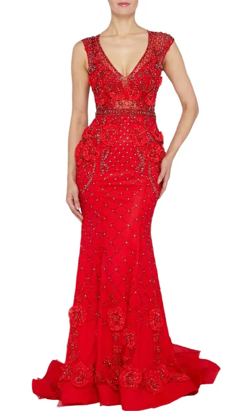 Women's Sheath Dresses3D Floral Applique Beaded Evening Dress In Red