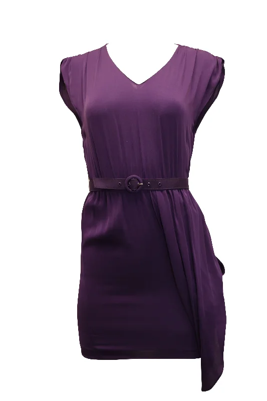 Women's Boat Collar DressesAlice + Olivia Asymmetrical Hem Dress with Belt in Purple Silk