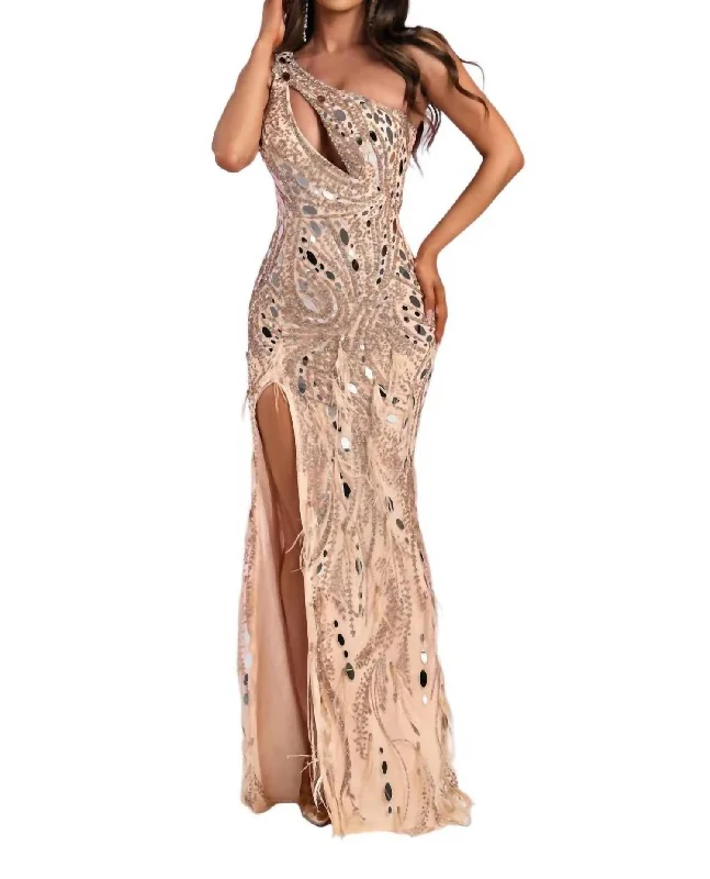 Women's Low Collar DressesAsymmetrical Neckline Floor-Length Dress In Champagne