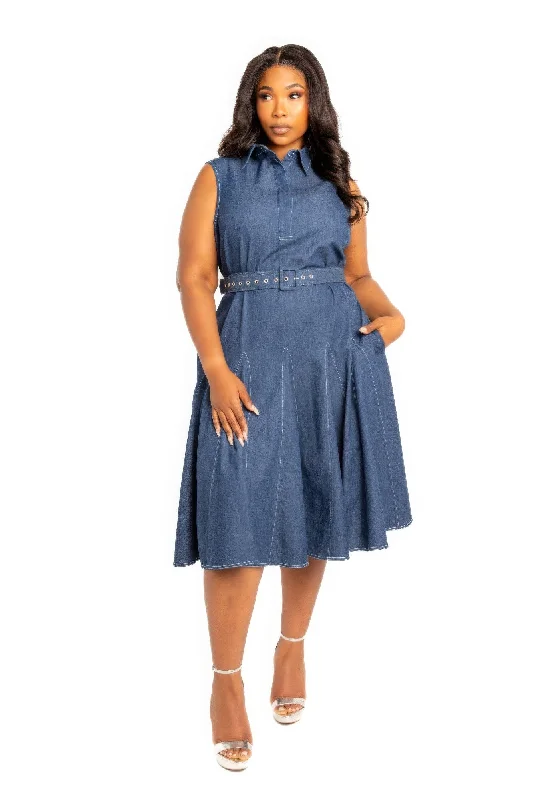 Women's High Collar DressesContrast stitch washed denim shirt dress with belt