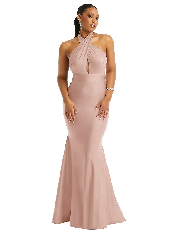 Women's V-Shaped Collar DressesCriss Cross Halter Open-Back Stretch Satin Mermaid Dress