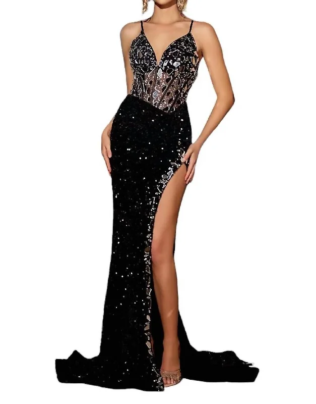 Women's High Collar DressesCut Glass Sequin Prom Dress In Black