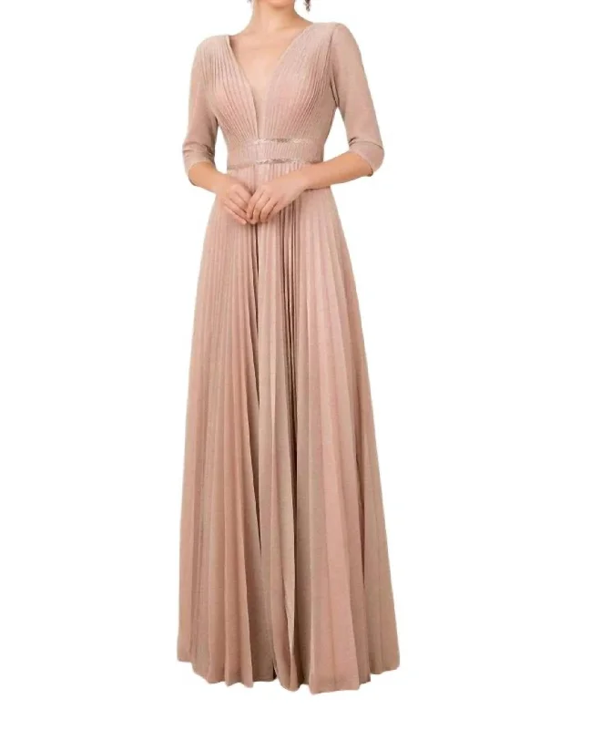 Women's Gathered DressesDeep V-Neck Pleated A-Line Dress In Rose Gold