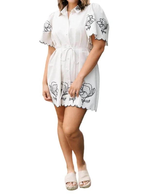 Women's Keyhole Collar DressesEmbroidered Linen Dress In White