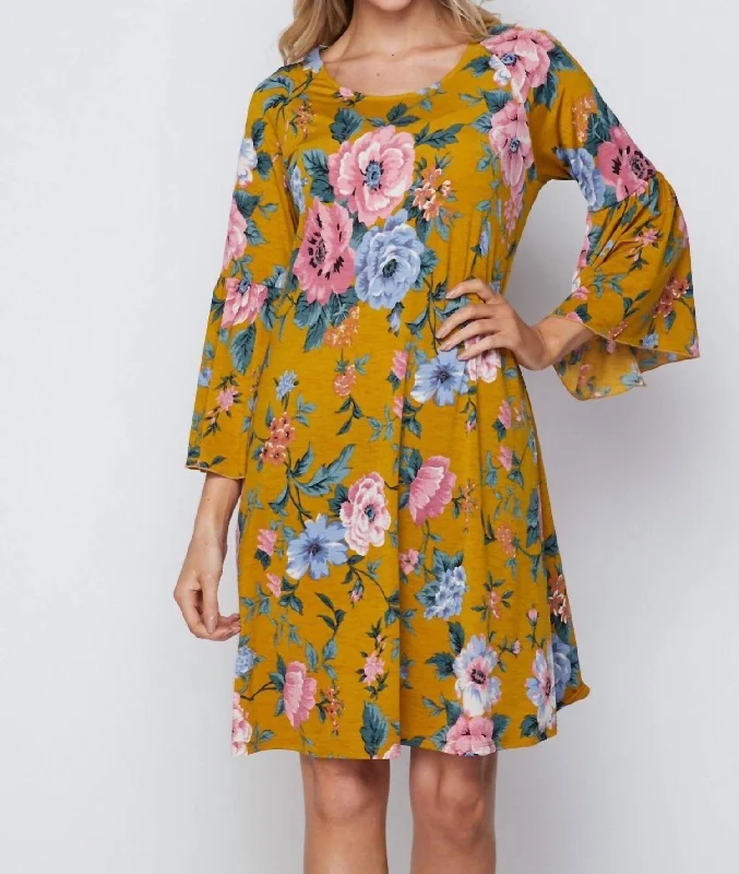 Women's Cap-Sleeve DressesFloral Bell Sleeve Dress In Mustard Multi