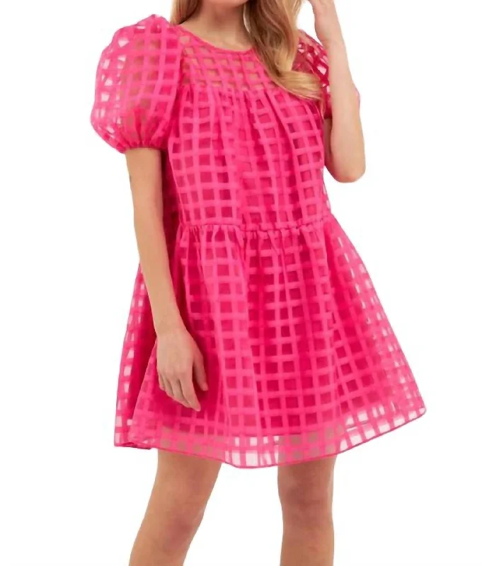 Women's Peter Pan Collar DressesGridded Puff Sleeve Dress In Hot Pink