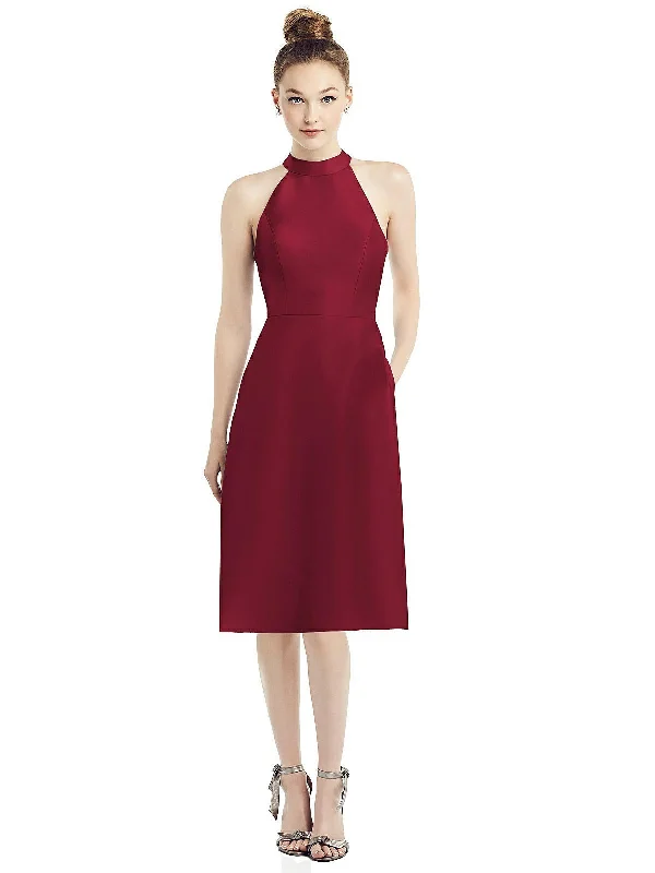 Women's Peter Pan Collar DressesHigh-Neck Open-Back Satin Cocktail Dress