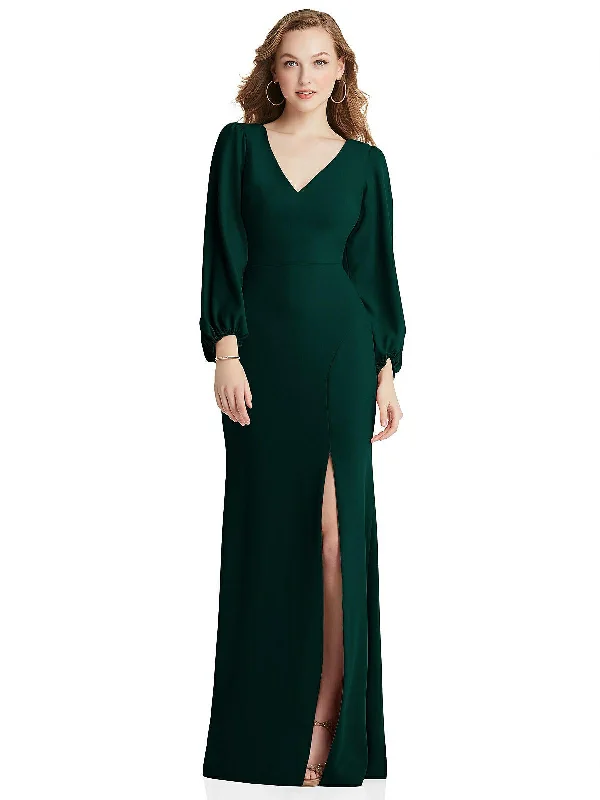 Women's Lapel Collar DressesLong Puff Sleeve V-Neck Trumpet Gown