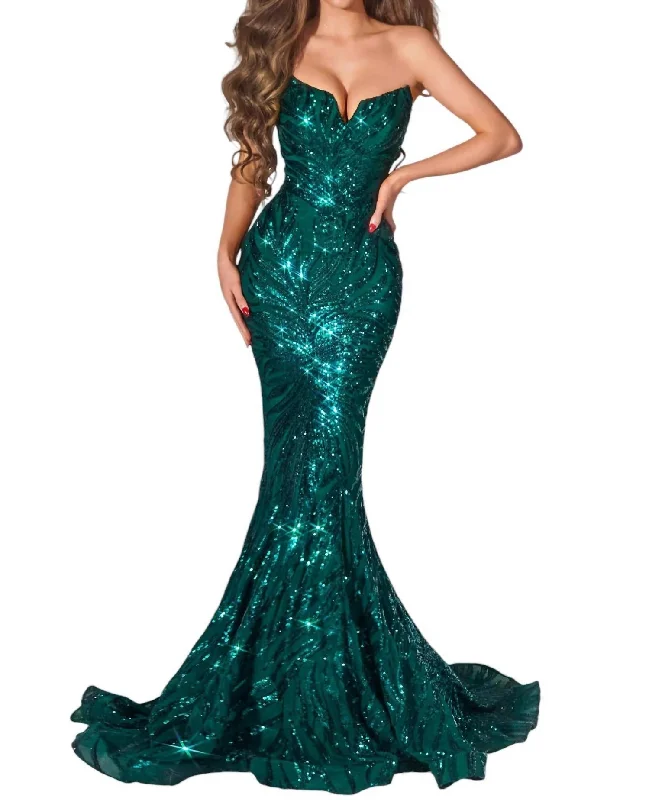 Women's Lapel Collar DressesLong Strapless Mermaid Prom Dress In Emerald