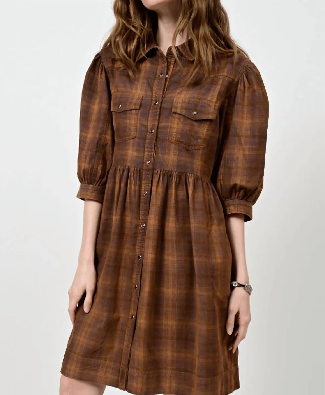 Women's Square-Neck DressesOmbre Plaid Snap Dress In Brown