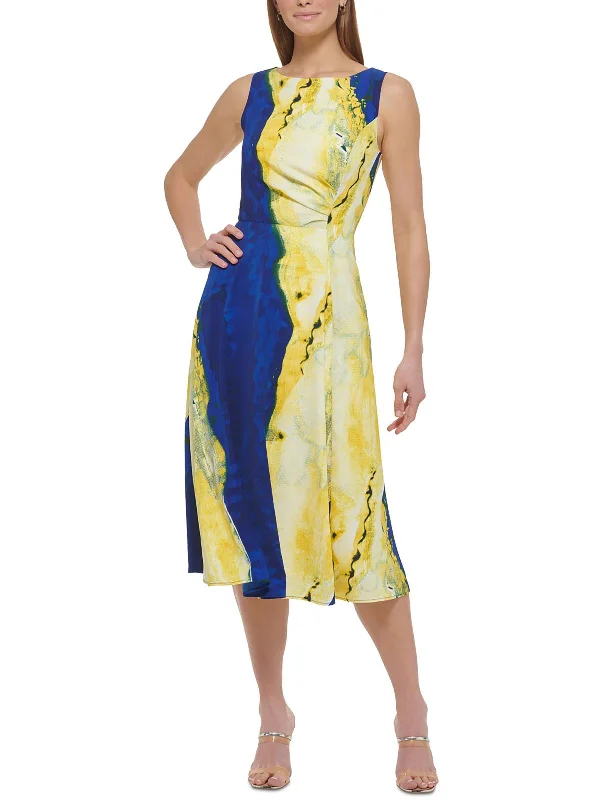 Women's Notched Collar DressesPetites Womens Printed Mid Calf Fit & Flare Dress