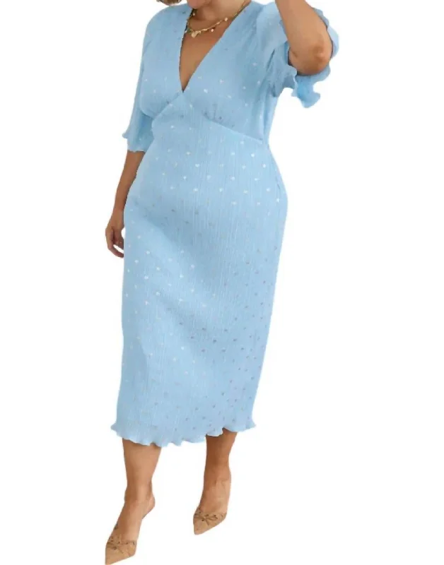 Women's Narrow Collar DressesPlisse Short Sleeve Dress In Ice Blue Celeste