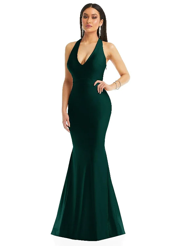 Women's U-Shaped Collar DressesPlunge Neckline Cutout Low Back Stretch Satin Mermaid Dress