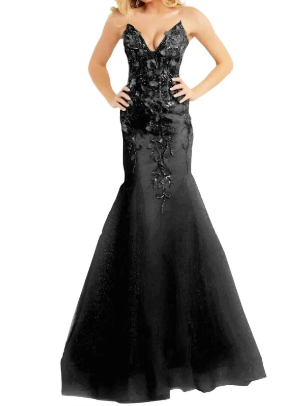 Women's Shawl Collar DressesPlunging Neck Mermaid Prom Dress In Black