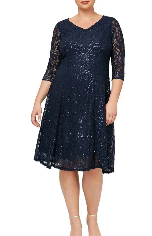 Women's Bodycon DressesSleeved Sweetheart Neck Sequin Lace Dress In Navy