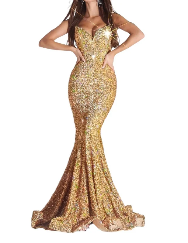 Women's U-Shaped Collar DressesStrapless Long Prom Dress In Gold