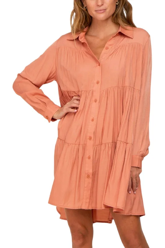 Women's U-Shaped Collar DressesTiered Button Down Dress In Peach