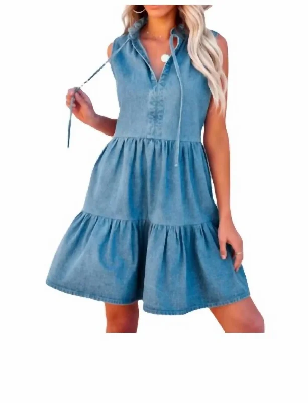 Women's Collarless DressesTiered Denim Dress In Blue