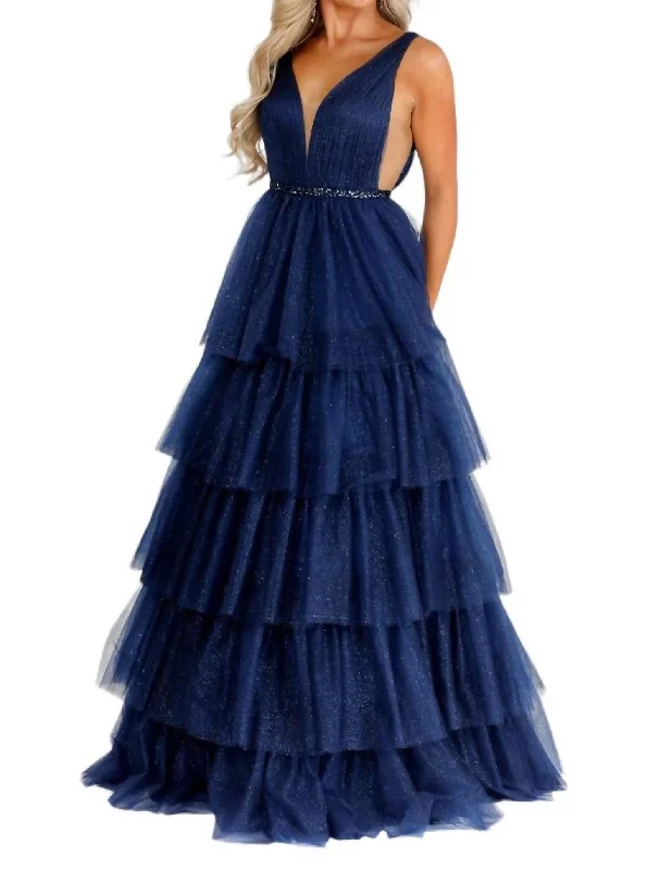 Women's Shawl Collar DressesTulle Long Prom Dress In Navy