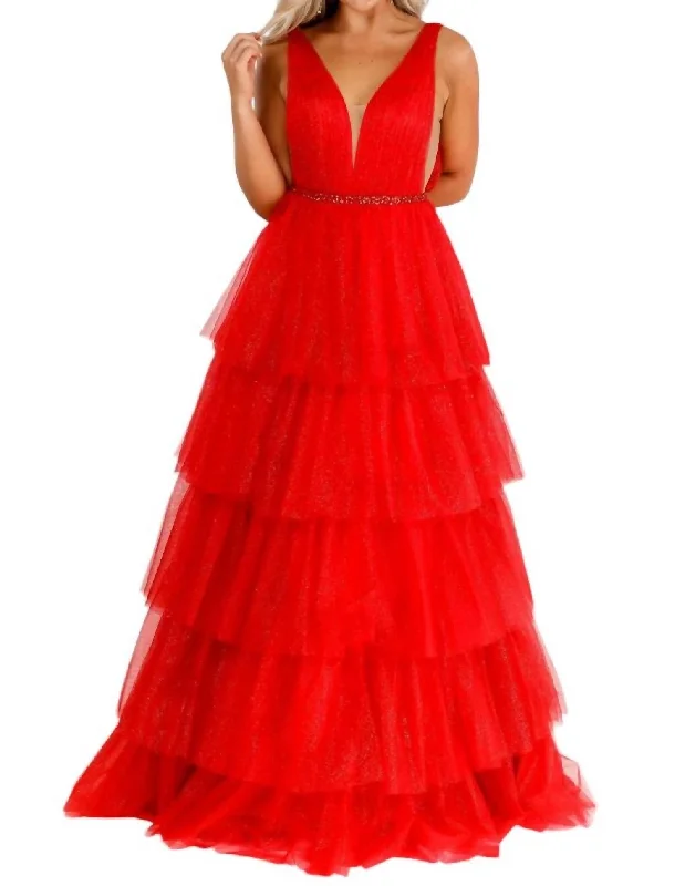 Women's Cold-Shoulder DressesTulle Long Prom Dress In Red