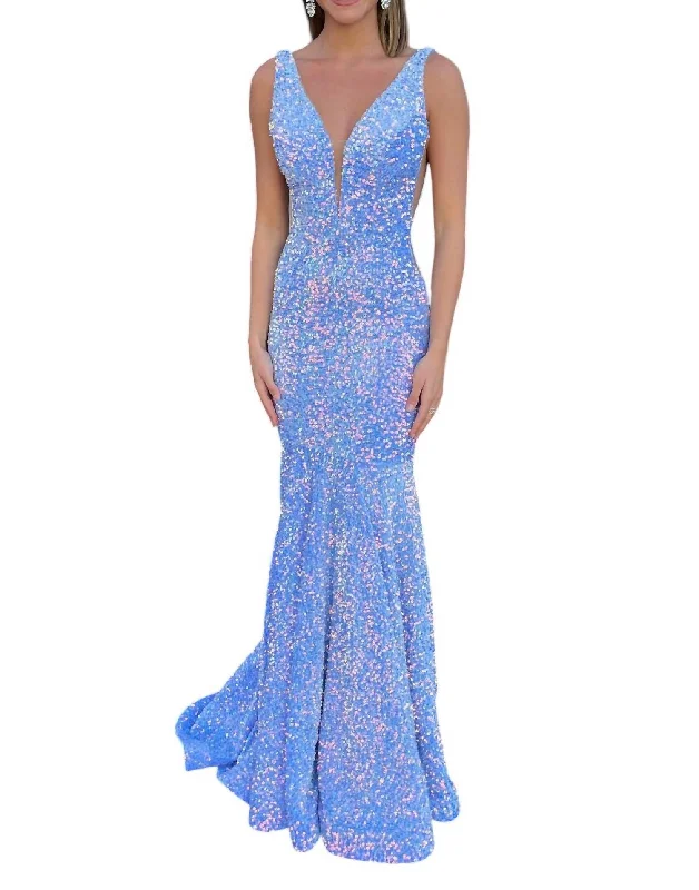 Women's Wide Collar DressesVelvet Sequins Backless Prom Dress In Aqua