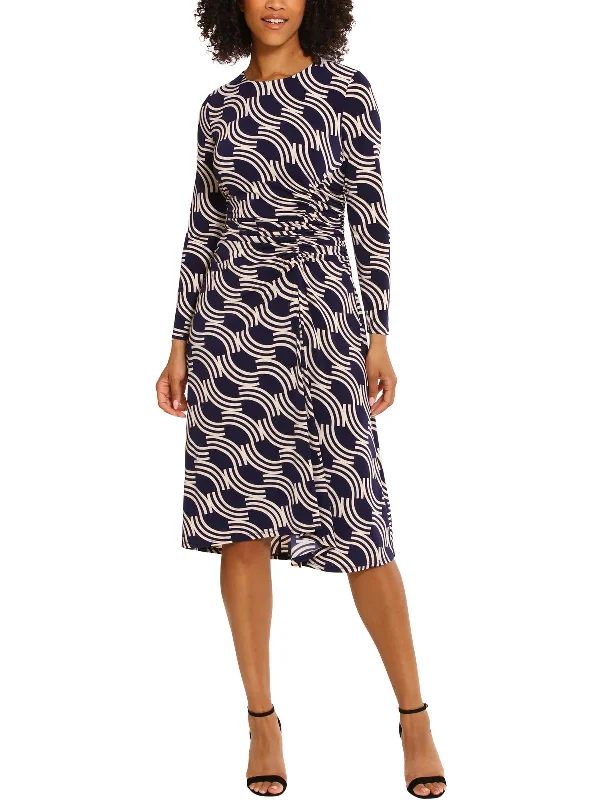 Women's Low Collar DressesWomens Printed Mid Calf Sheath Dress